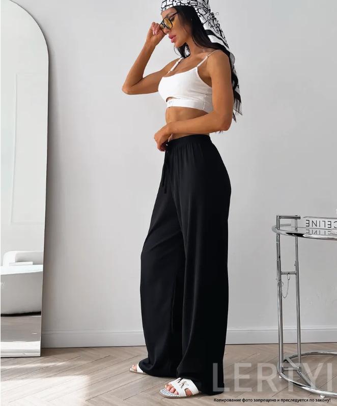 Women's Ribbed Elastic Waistband Casual Wide-Leg Jogging Pants
