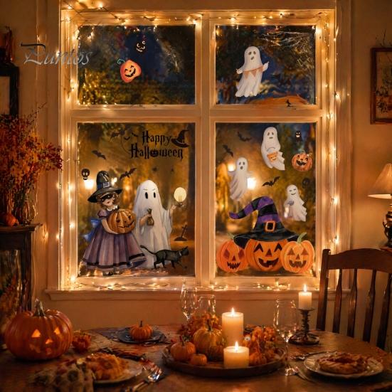 Halloween Static Window Clings 2Pcs Watercolor Clings, Ghost Witch Pumpkin Black Cat Bat Decals, No-Glue Wall Stickers Removable Glass Stickers,