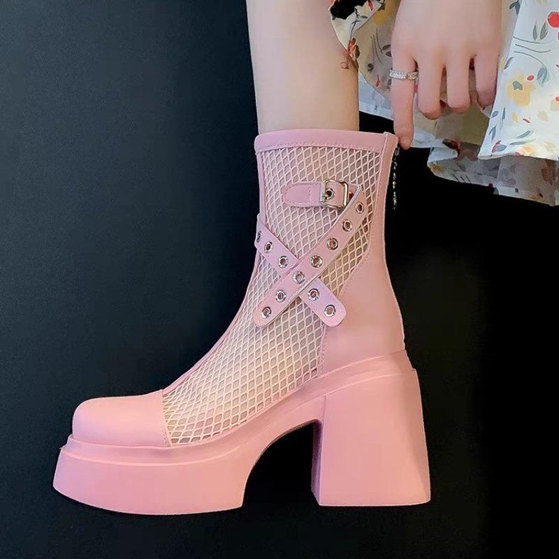 Pink thick heel high heel mesh breathable cool boots children s new British Martin boots thick sole heightening small single boots 39 розовый 4190₽