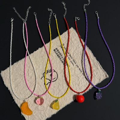 Various Fruit Pendant Necklace For Girl Women Handmade Rice Beads Bohemian Choker Watermelon Lemon Strawberry Neck Jewelry