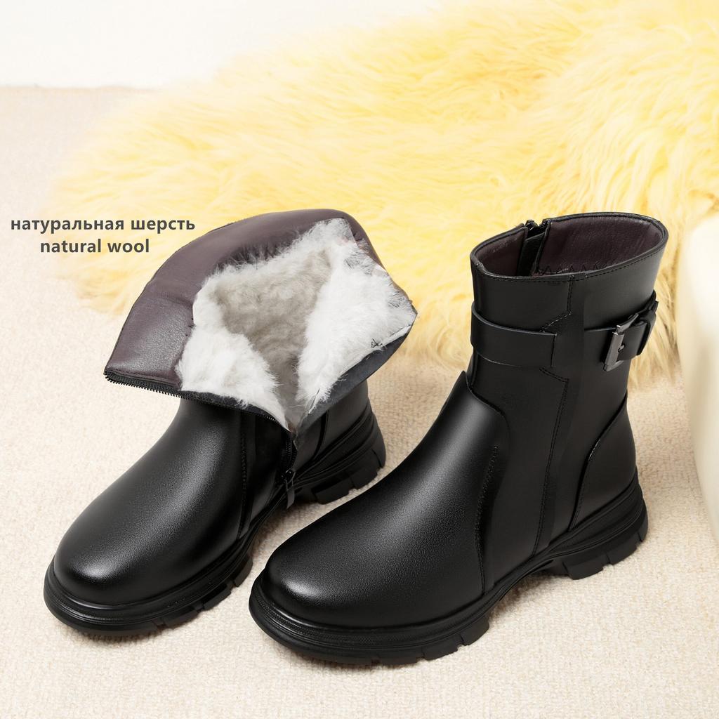 Women Boots Winter Shoes British Style Genuine Leather Women Large Size Boots Wool Warm Ladies Snow Boots