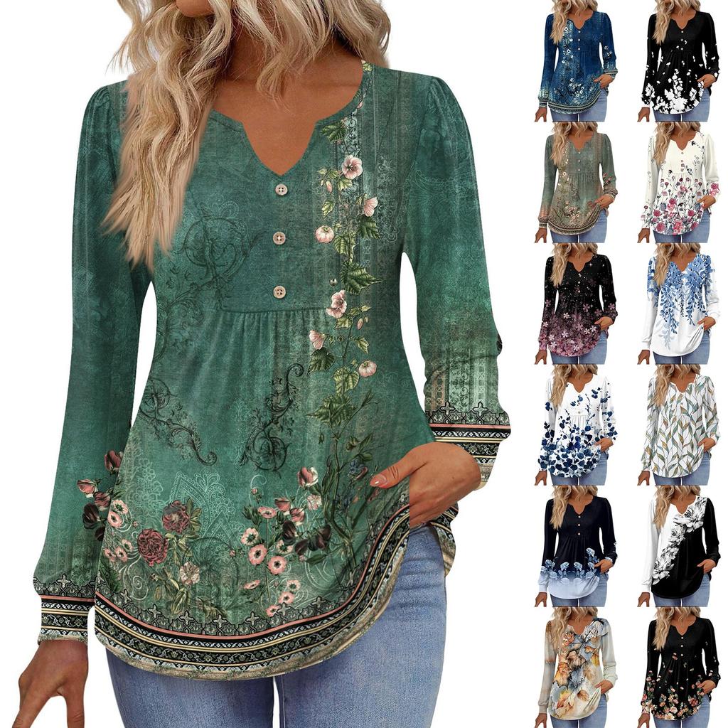 Women's Fashionable Casual V-neck Blouse Button Long-sleeved Pullover T-shirt Top