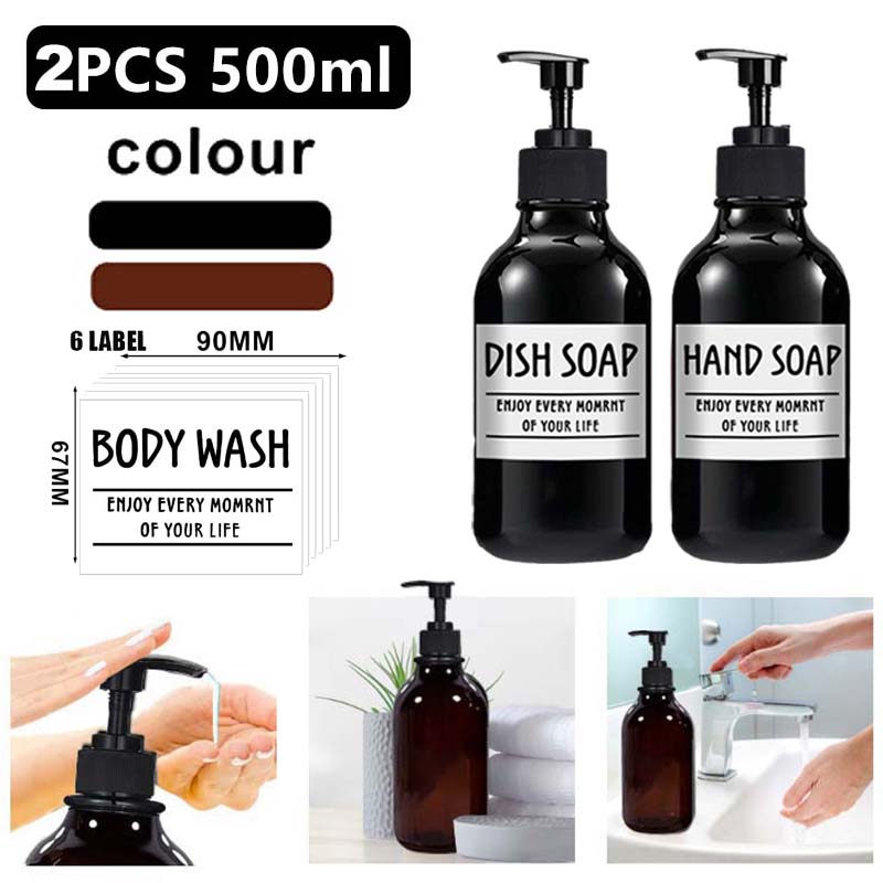 2PCS 500ml Travel Large Capacity Bathroom Soap Shampoo Dispenser Pump Press Bottle Multi-purpose Liquid with 6 Labels