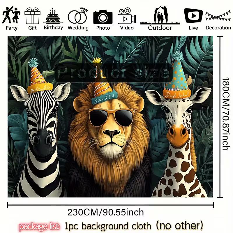 Birthday Party Animals Backdrop Funny Safari Lion, Zebra and Giraffe Photography Background