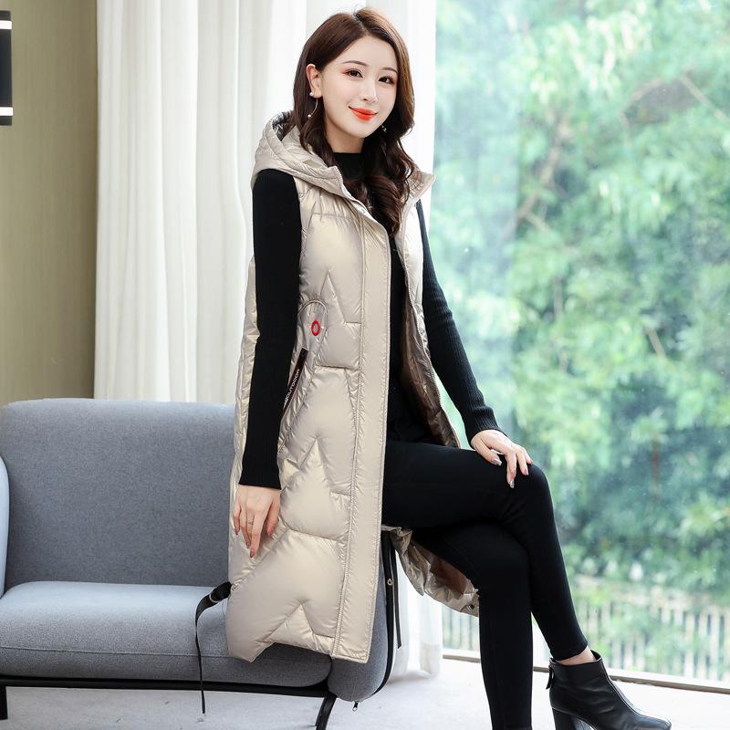 

Глянцевый хлопковый жилет средней длины для женщин, большого размера, зимняя куртка без рукавов XL (for 115-135 jin) шампанского