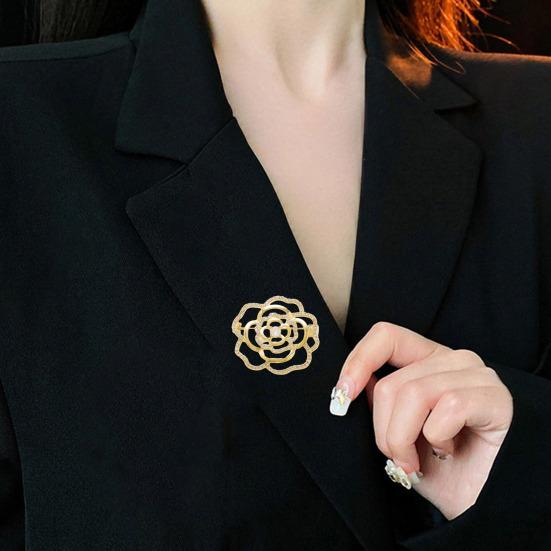 Women Brooch High-Gloss Rhinestone Inlay Sparkling Hollow Camellia Design Lapel Pin Non-Slip Buckle Scarf Badge Clothing Bags Accessories