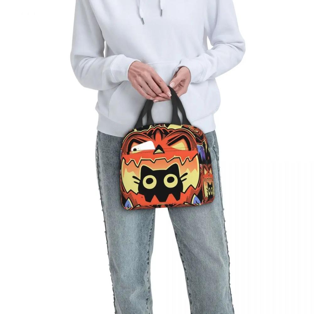 Cartoon Black Cat And Pumpkin Halloween Insulated Lunch Bag for Women Children Leakproof Food Boxes Thermal Lunch Box Tote