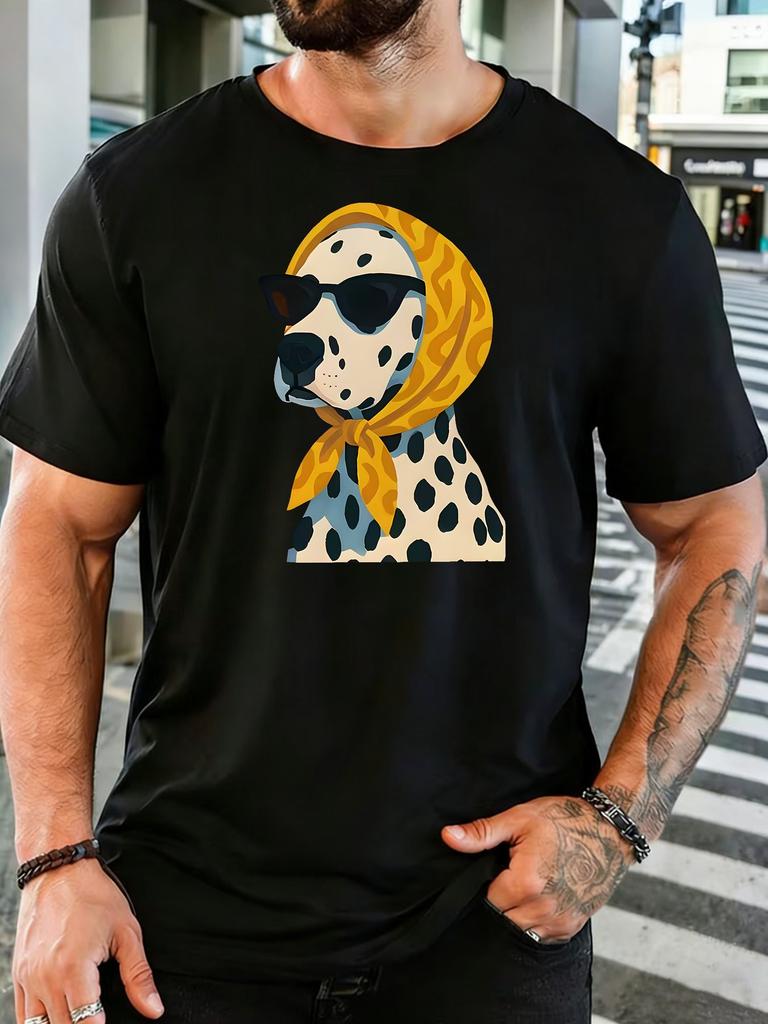 Unisex Stylish Dalmatian Dog Sunglasses Scarf Print Cotton Short Sleeve Tee Crew Neck Soft Male Summer Casual Breathable Street Top