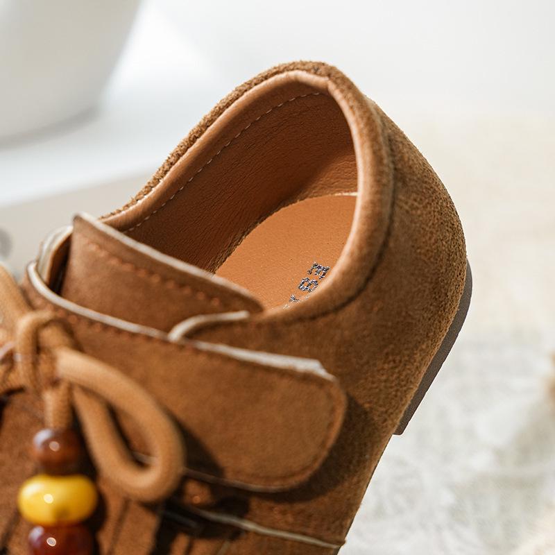 2026 Stilvolle Lederquasten-Prinzessinnenschuhe für kleine Mädchen - Frühling/Herbst Weiche Sohle Bohnenschuhe
