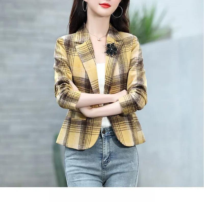 Autumn Winter Women's Clothing Turn-down Collar Cardigan Plaid Contrast Color Long Sleeve Coats Fashion Vintage Stylish Tops