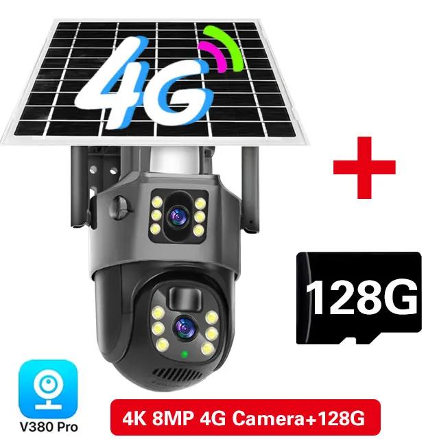 2025 Nuova telecamera IP WiFi wireless esterna 4K 8MP 4G Sim Card con batteria solare, doppia lente, doppio schermo, protezione di sicurezza, sorveglianza CCTV
