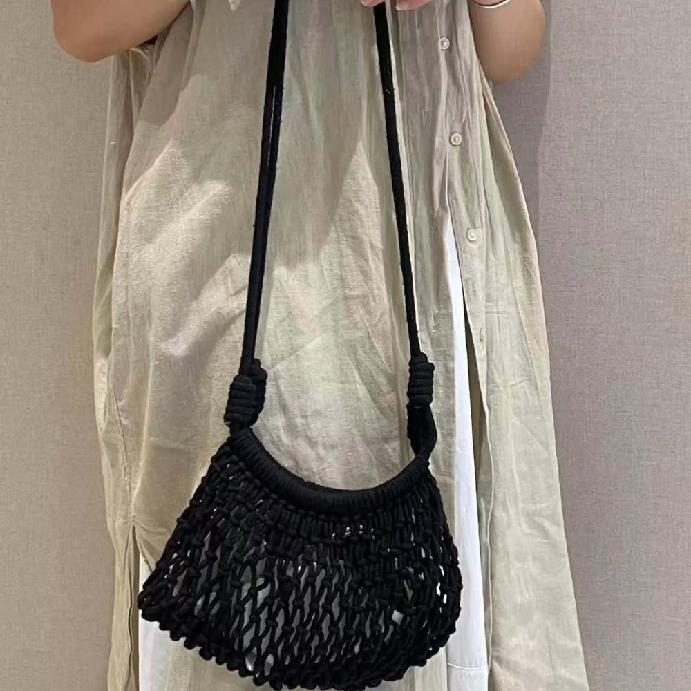 Large Capacity Crochet Shoulder Pouch Lightweight Net Pouch Yarn Woven Crossbody Bag Polyester Adjustable Strap