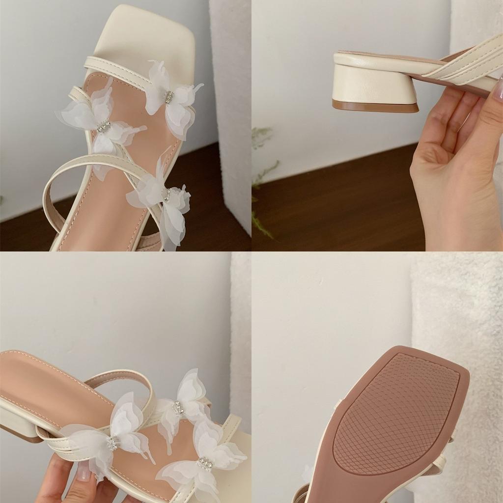 "Romantic Butterfly" Thick Heel Square Head Open-toed Cool Slippers Women's Summer Wear Square Head with Slippers