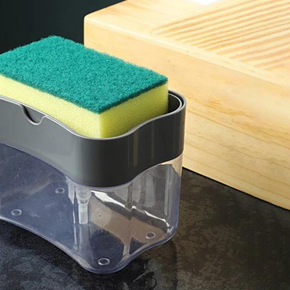 1 for Household Kitchen 2 In 1 Pressing Soap Liquid Box, Easy To Replenish, Durable, for Sponge, Dish Cloth, Pot Brush, Black