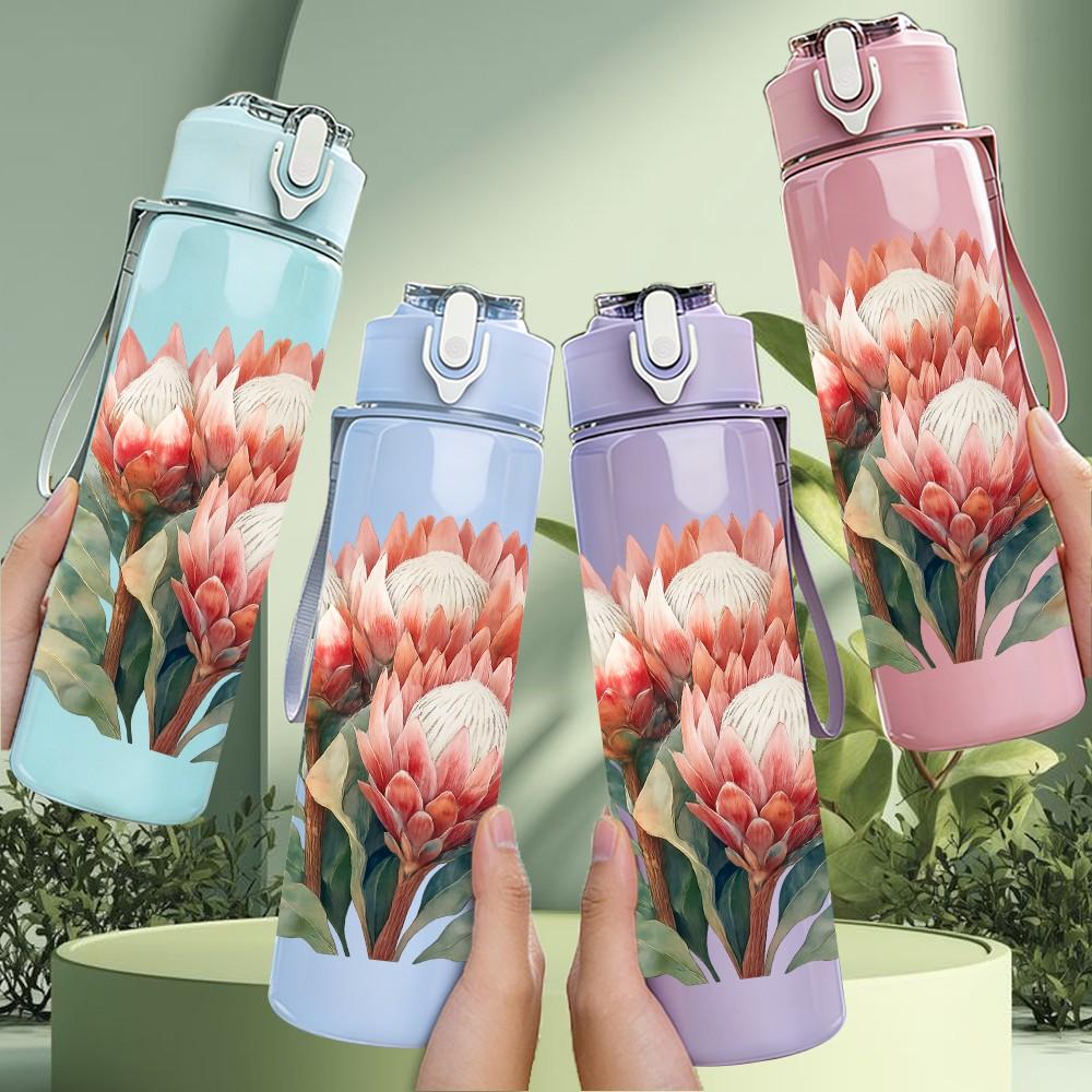 1PC Pink Protea Wild Flower Bloom 750ml Color Plastic Sports Water Bottle Leakproof Flip Straw Lid For Sports Office Home Use