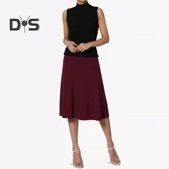 Women's Knee Length Skirt Summer Casual High Waisted Flared A-Line Skirt Stretchy Simple Foldover Midi Skirt