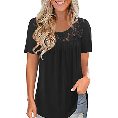 Dámská oversized košile O krk krajka Patchwork plisované topy Letní halenka se zavazováním do pasu s krátkým rukávem