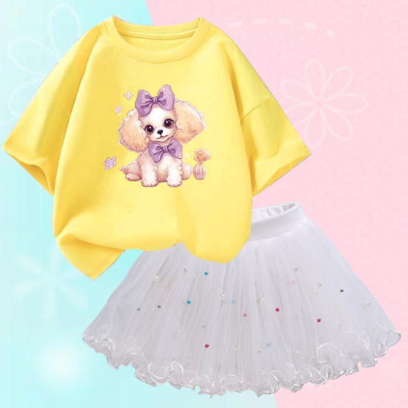 Summer Girls Cute Dog Print T Shirt & Tutu Skirt Two Piece Outfits Party Birthday Christmas Clothes 2-12Y