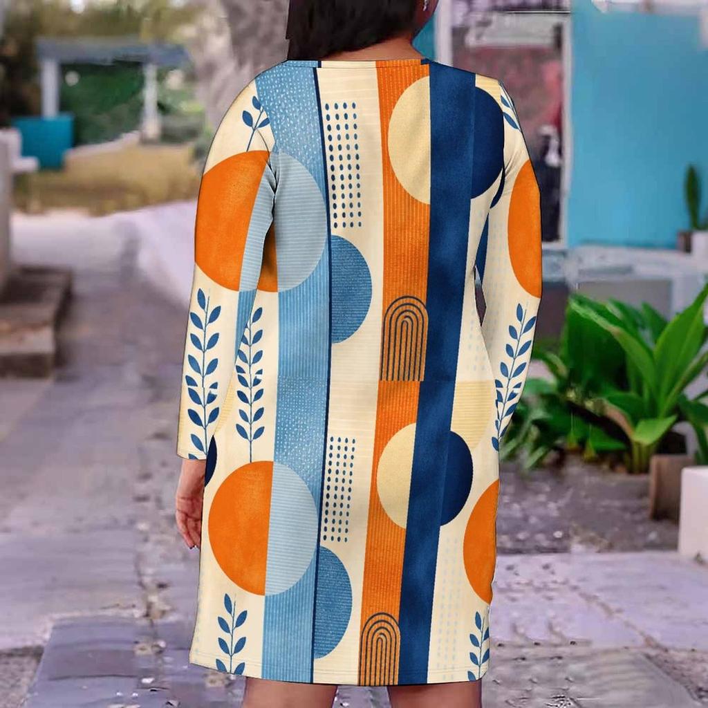 Women Plus Size V Neck Long Sleeve Printed Fitted Straight Midi Dress