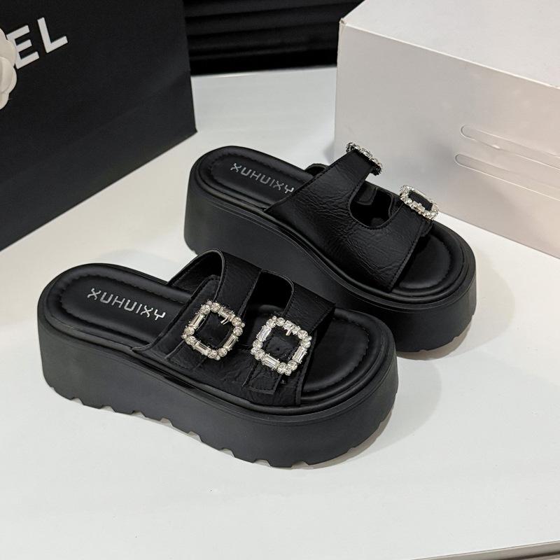 Versatile Cool Slippers 2025 New Rhinestone Double One-word Belt Buckle Sandals Heightening Casual Slope Heel Muffin Slippers