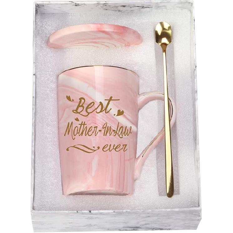 Mother In Law Coffee Mugs Best Mother In Law Gifts Birthday Mothers Day Gifts from Daughter Son In Law 14 Ounce Pink with Gift Box Spoon Coaster