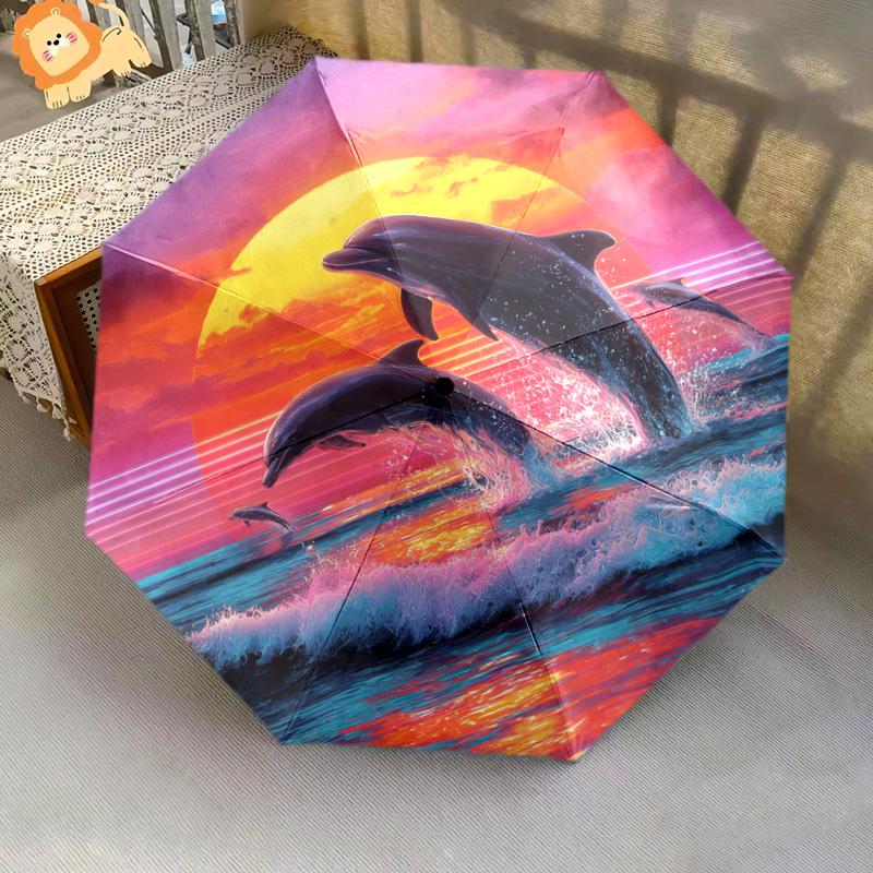 1 Pezzo Ombrello Pieghevole Automatico - Fantasia Delfini, Design Portatile e Pieghevole con 8 Stecche, Regali di Natale e Compleanno