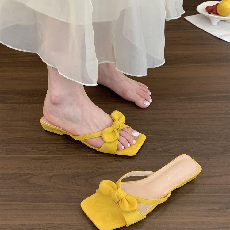 French gentle evening breeze bow with cool slippers women's summer dress open-toed square head thick heel sandals