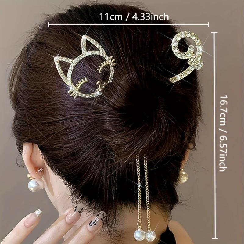Elegant Alloy Hair Clip with Rhinestone Cat, Tassel Simulation Pearl Dangle, Cute Round Shape Fashion Hairpin Accessory for Women and Girls