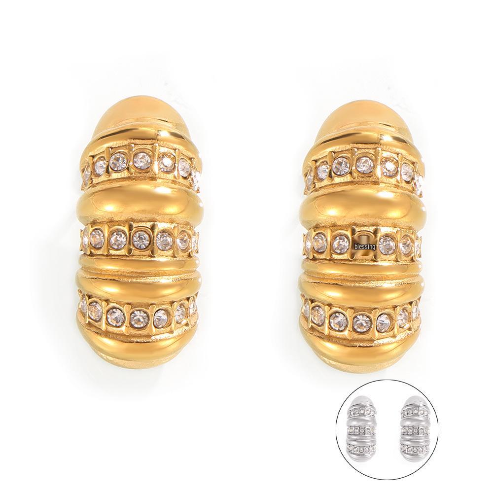 European-American Textured Design Earrings: Creative Diamond-Inlaid 18K Gold Plated Titanium Steel