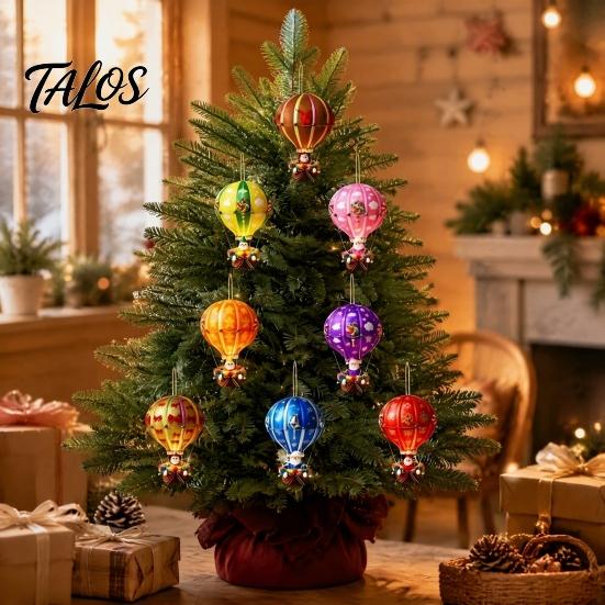 Christmas Tree Decor for Parties 12Pcs Hot Air Balloon Wooden Ornaments, 2D Flat Santa Hanging Pendant, Seasonal Windows Colorful Rainbow Wood Slices