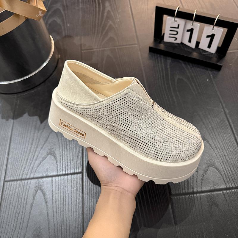 Ou Ruofeng increases the height of rhinestone platform muffin shoes for women's 2025 spring new loafers versatile casual two-wear single shoes