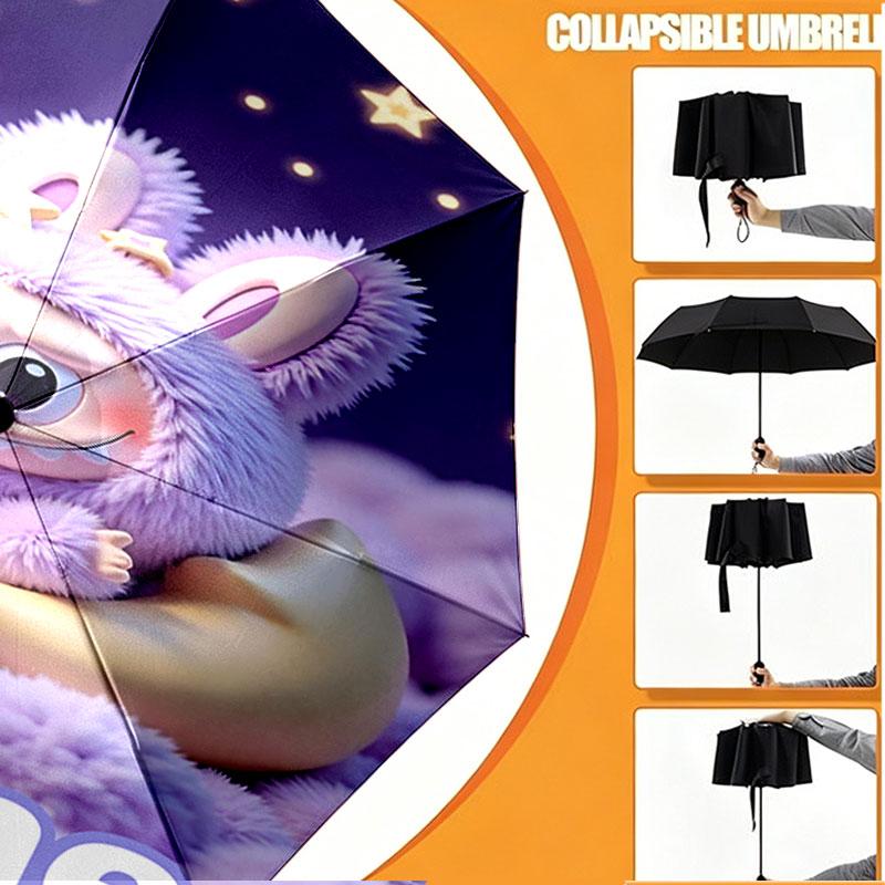 Custom Name Personalized Labubu Print Umbrella, Auto Open Close, 8‑Rib Sturdy Frame, Commute Camping Hiking Use, Birthday Gift