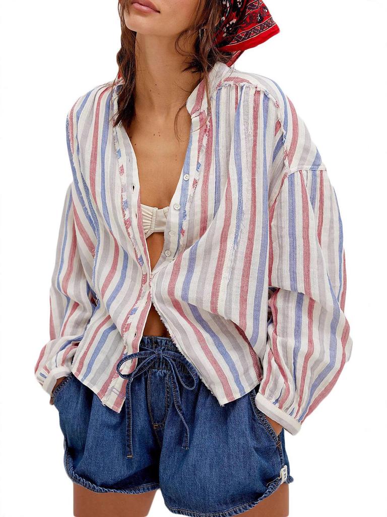 Cardigan chemise à manches longues rayé ample pour femme, style littéraire d'été