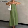 French Beige Cotton Linen Halter Ruffled High Waist Dress Summer New Long Skirt Women