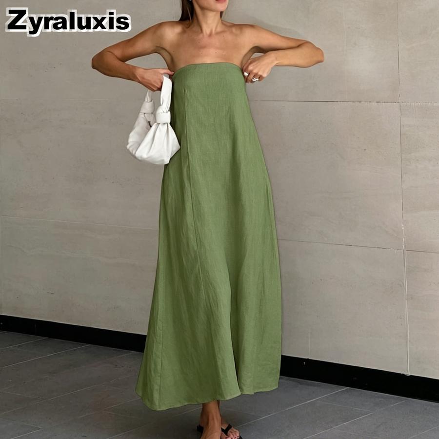French Beige Cotton Linen Halter Ruffled High Waist Dress Summer New Long Skirt Women