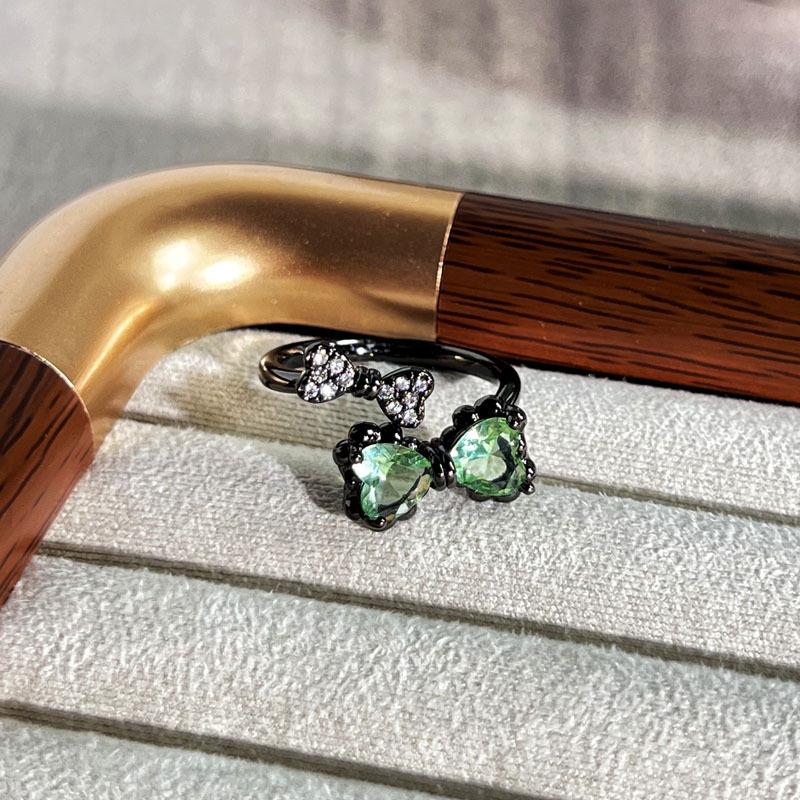 2026 Dark Green Shadow Dark Sweet Cool Bow Green Diamond Personalized Ring Neutral Style Fashion Stacking Wearing Niche Ring Resizable