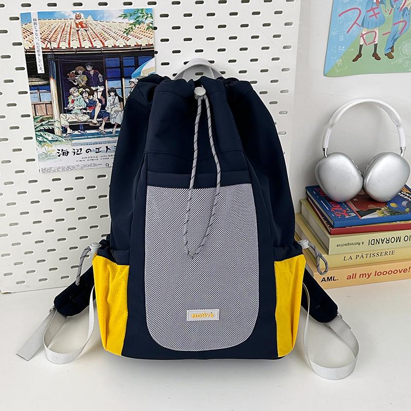 Korean Version Contrast Color Drawstring Canvas Tie Pocket Travel Bag Outdoor Cycling Backpack Female Schoolbag Backpack