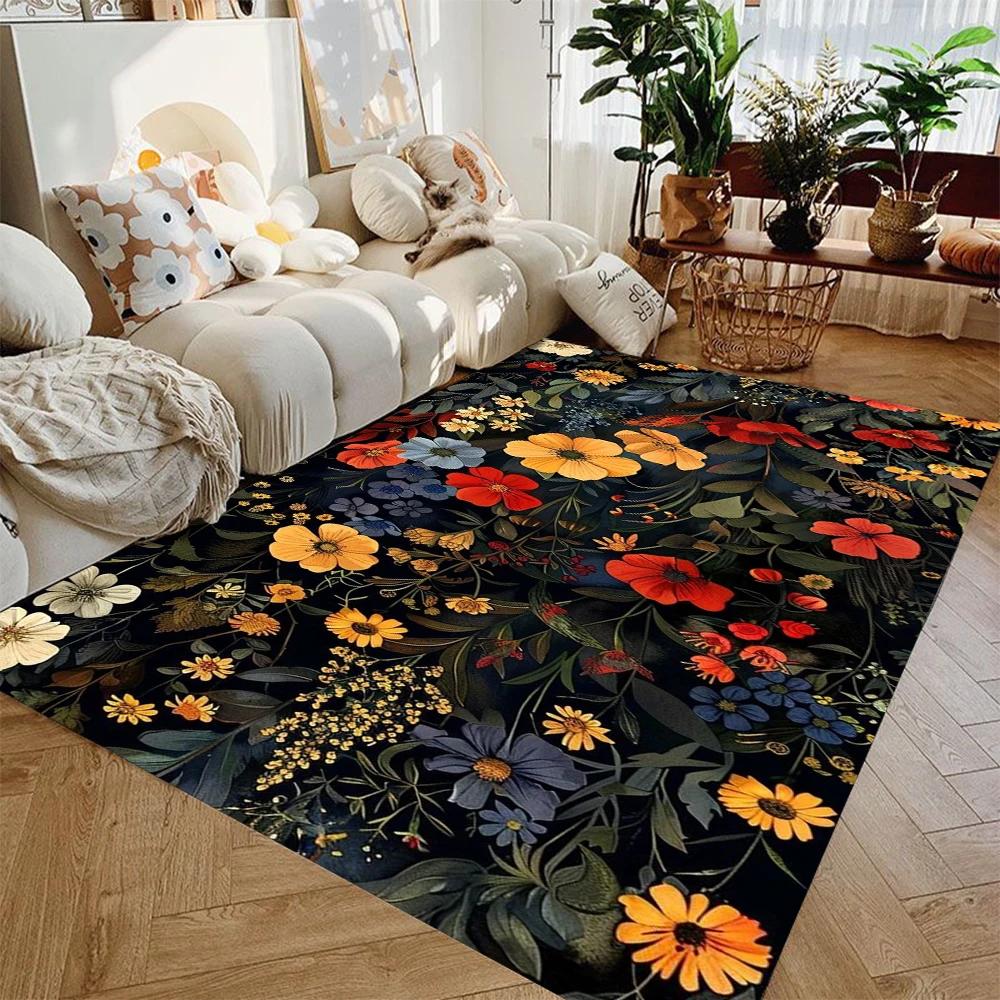 Modern Art Floral Area Rug – Black White Non-Slip Floor Mat, Indoor Carpet for Living Room Entryway Decor