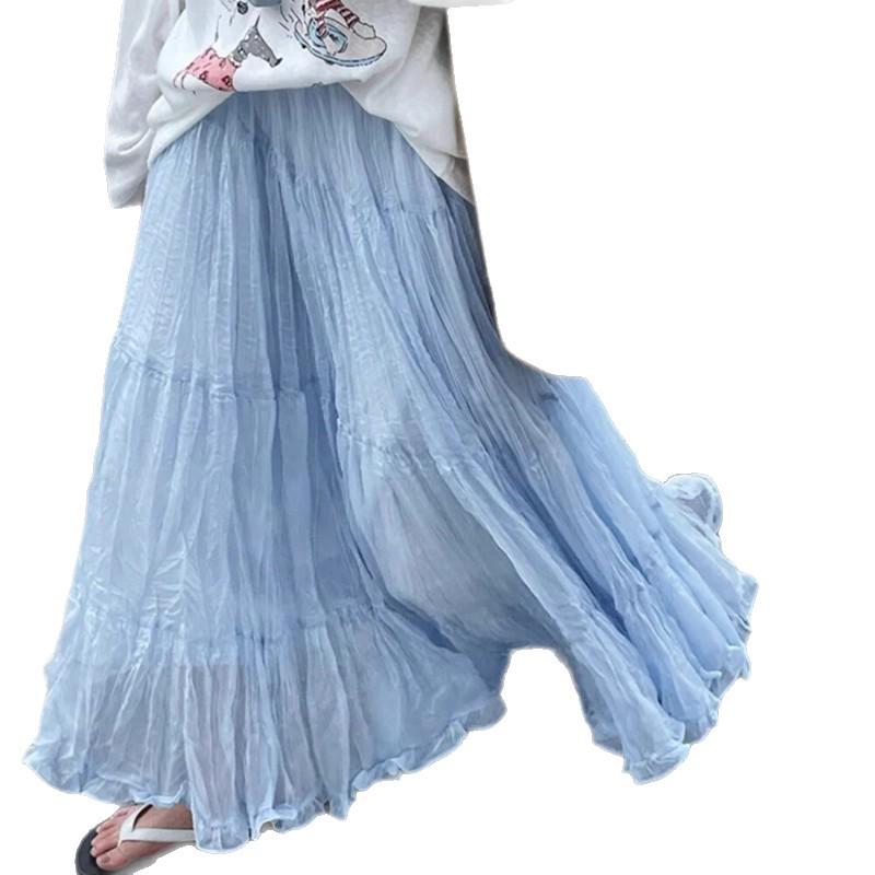Spring 2026 Women's High-Waisted Ruffled Mesh A-Line Maxi Skirt - Gentle & Slimming