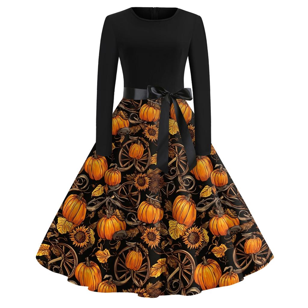 Women's Casual Retro Halloween Dress Long Sleeve Round Neck Vintage Fit and Flare Dress with Bat Print and Waist Tie Belt for Everyday Wear