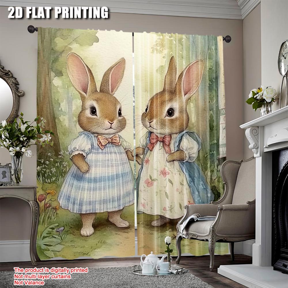 

2Pcs Victorian Rabbit Sisters Curtains Featuring A Pair Of Young Bunnies In Dresses Home For Living Room Bedroom Or Kitchen 52.50 × 116.00 cm 2 pcs