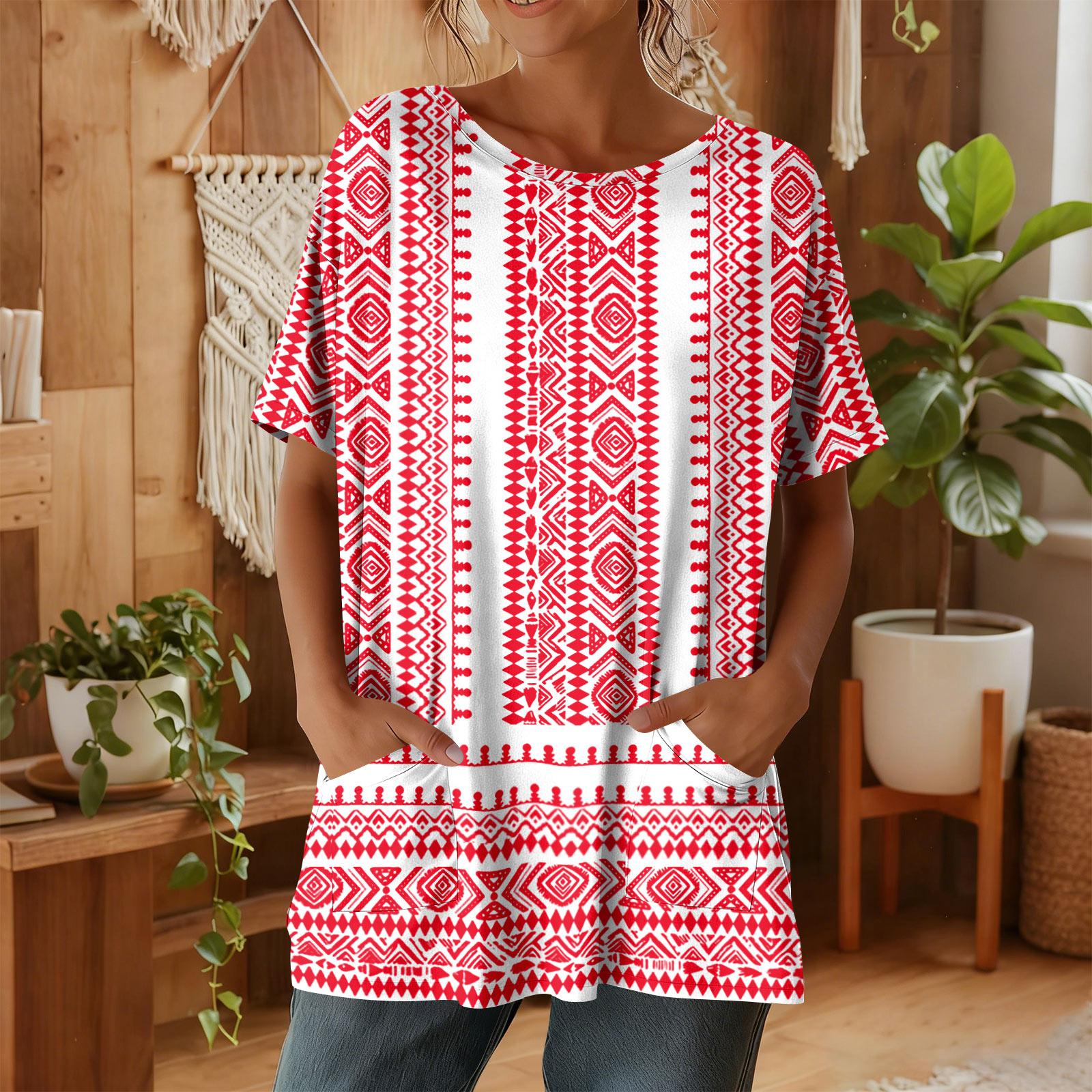 Женская мода повседневный короткий рукав цветочный принт топ XXL красный