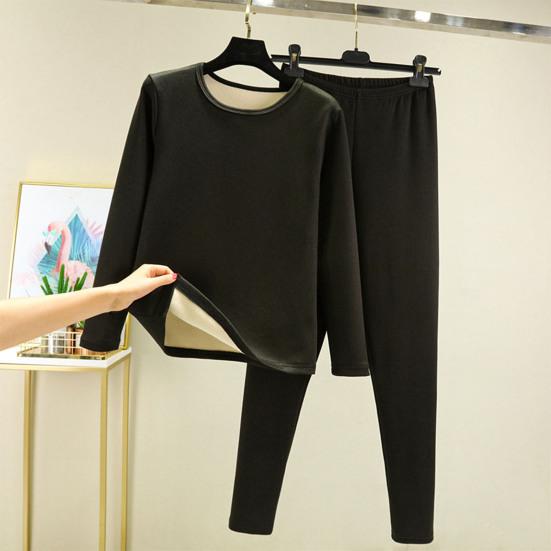 2 pezzi/set invernale top pantaloni set spesso peluche scollo rotondo manica lunga elastico in vita caldo morbido antifreddo pigiama set biancheria intima termica