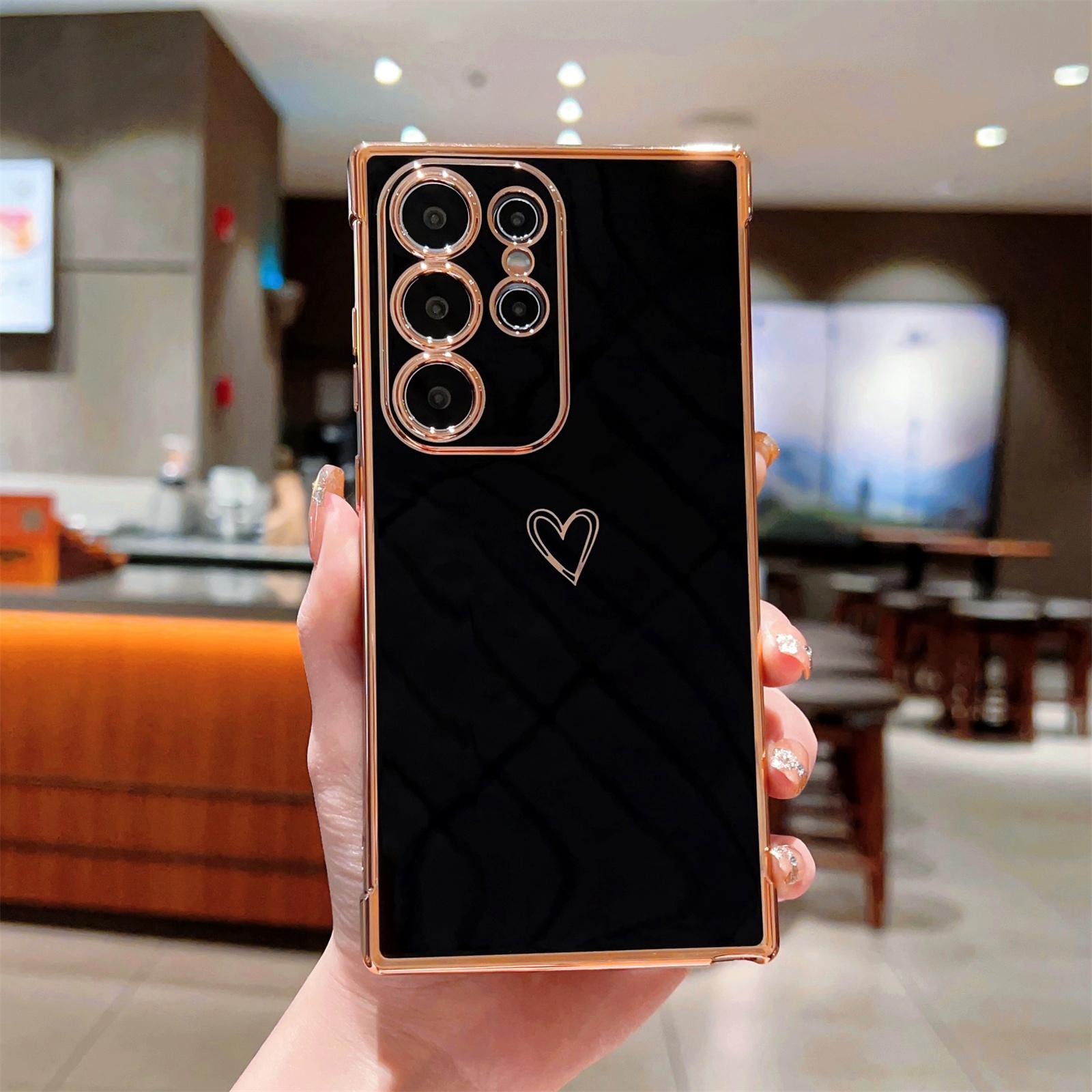 

For Samsung Galaxy S24 Ultra Case Love Heart Pattern TPU Phone Cover Electroplating Edge Black