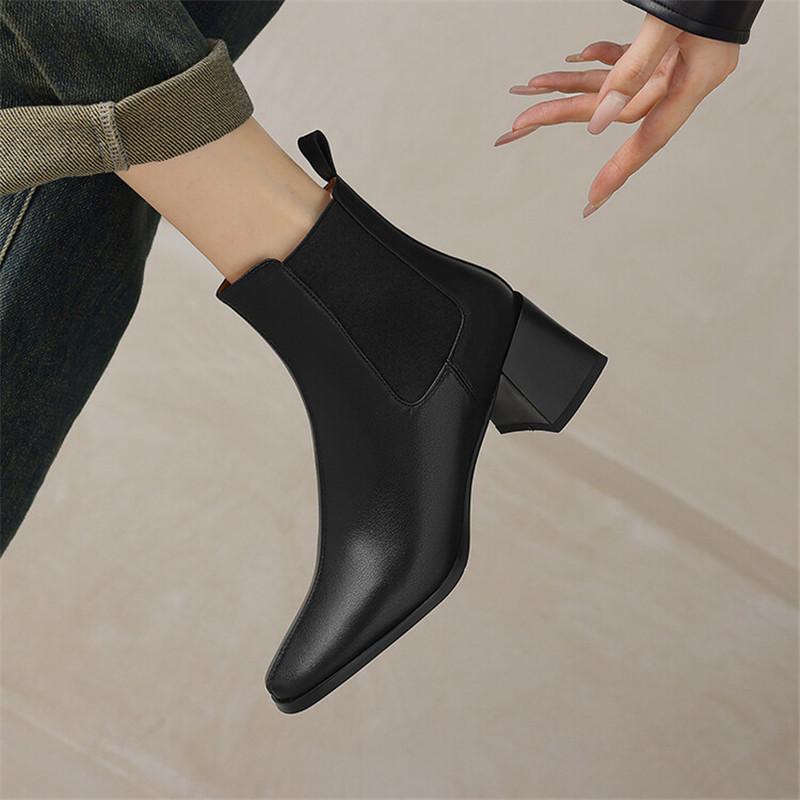 Fashion New Autumn Winter Cow Leather Women Boot Fashion Short Boots Square Toe Chunky Heel Boots for Women Large Size High Heels