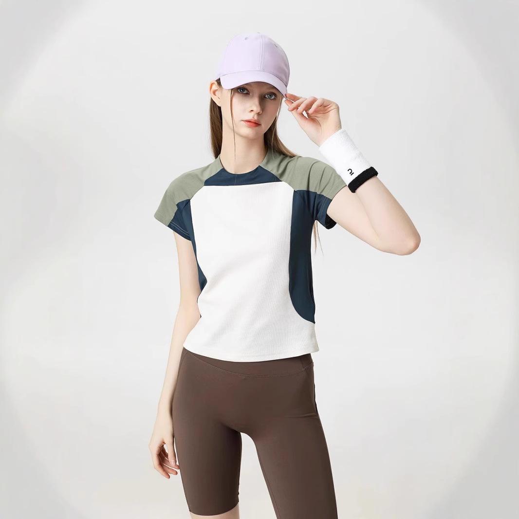 

Summer Women s Retro Slimming Raglan Color Block Crop Top with Short Sleeves M
