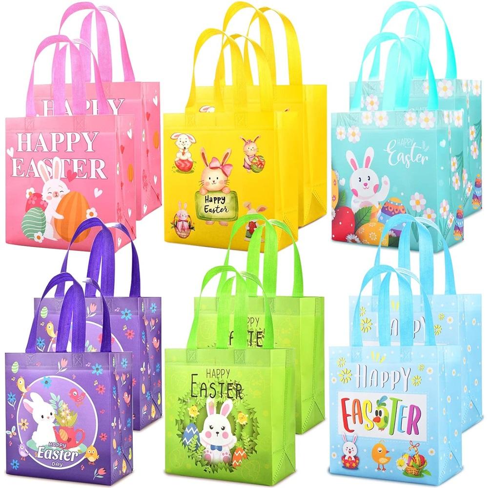 Easter Bunny Bag Set – 6/12 Pack Reusable Non-Woven Egg Hunt Bags For Kids With Handles – 23x22x11cm, 6 Vibrant Designs