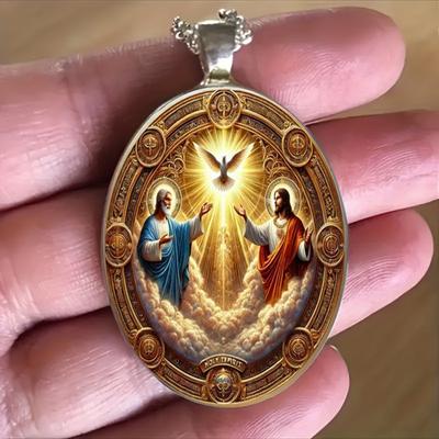 Christian Trinity Religious Pendant Necklace, Faith And Peace Pendant Necklace, Time Gem Glass Pendant, Unisex