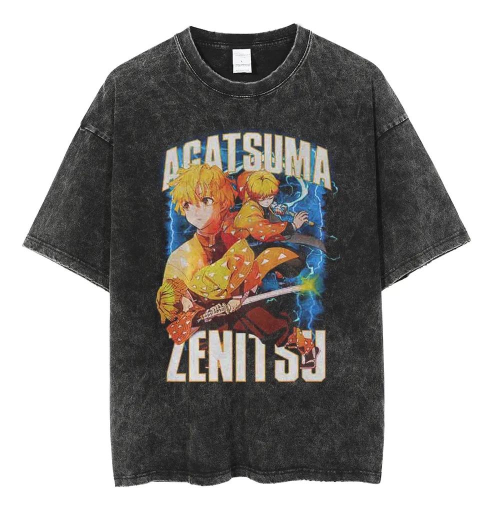 Демон Клинок Агацума Зеницу Громовое Дыхание Винтажная Стиранная Графическая Футболка, Унисекс Оверсайз Уличная Одежда, Подарок для Фаната Аниме L