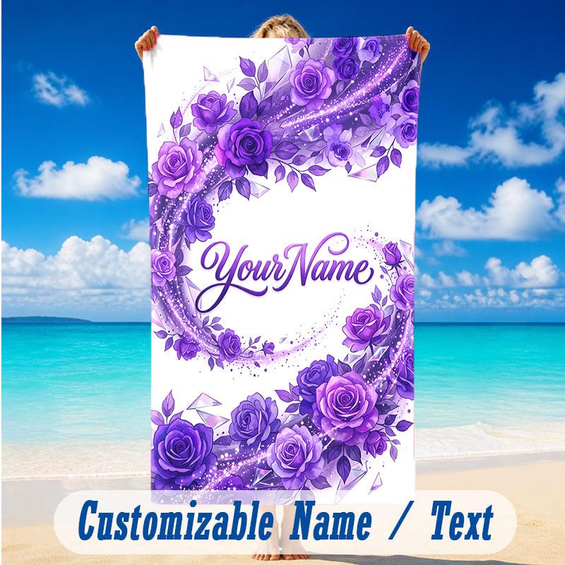 Floral Garden Theme Beach Towel Personalized Custom Name & Text Soft Quick Dry Beach Towel for Swimming Travel
